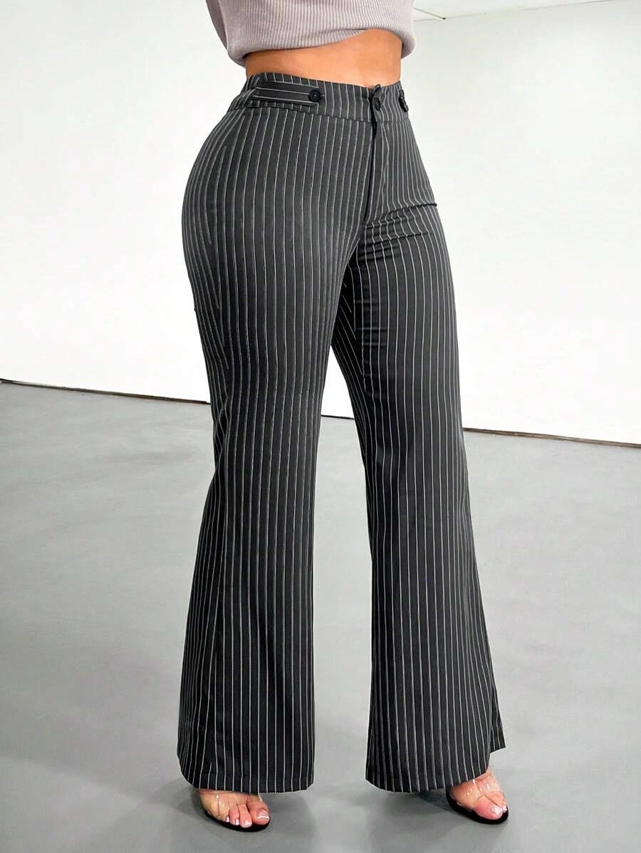 Women Formal Wear Trousers - 여성용 스트라이프 패턴 하이웨이스트 플레어 팬츠,