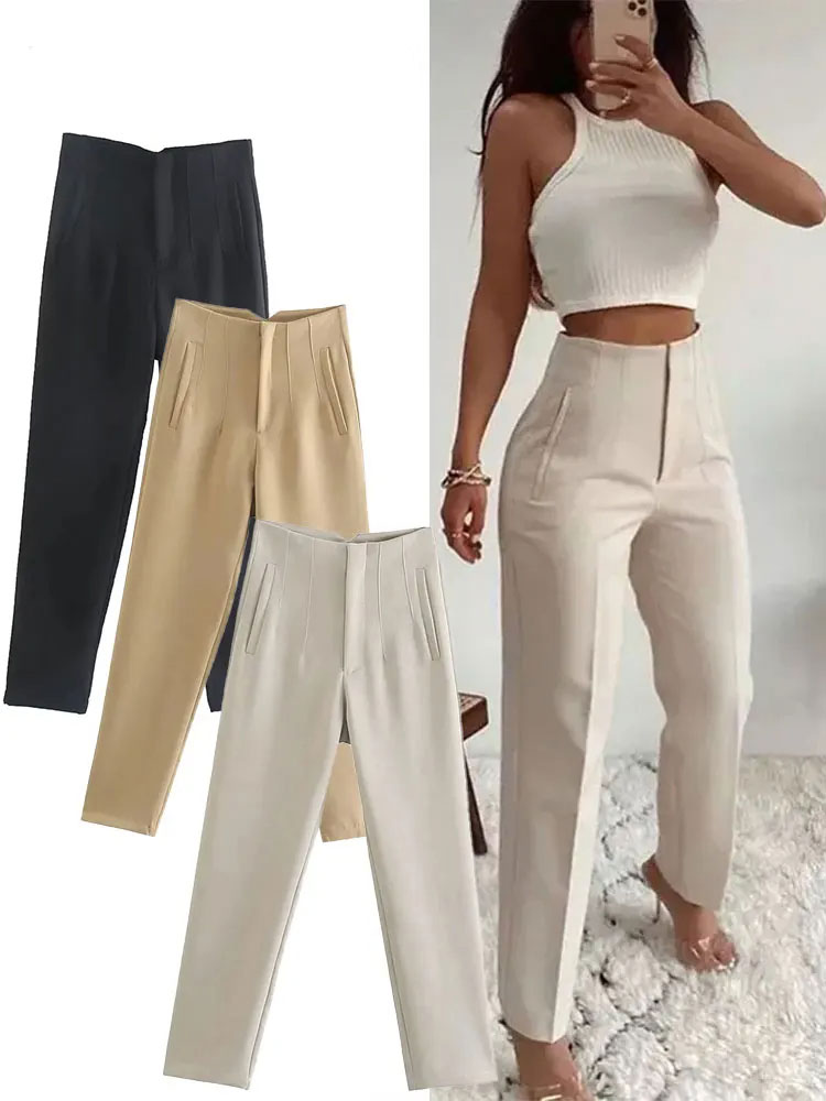 Women Formal Wear Trousers - 2024 여성 솔리드 트라우저 하이웨이스트 슬림