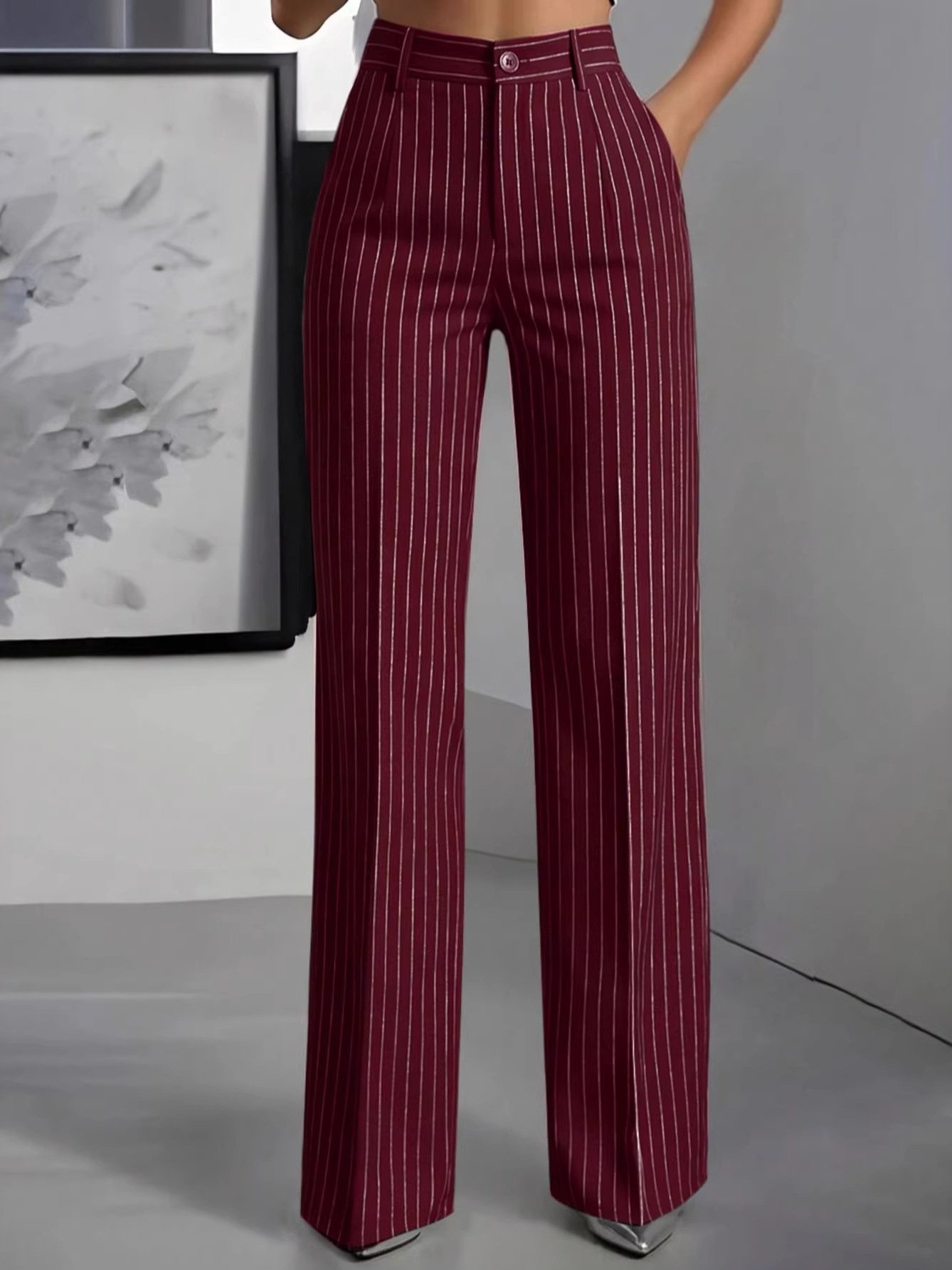 Women'S Formal Wear With Pants - 우아한 하이웨이스트 스트레이트 레그 수트 팬츠,