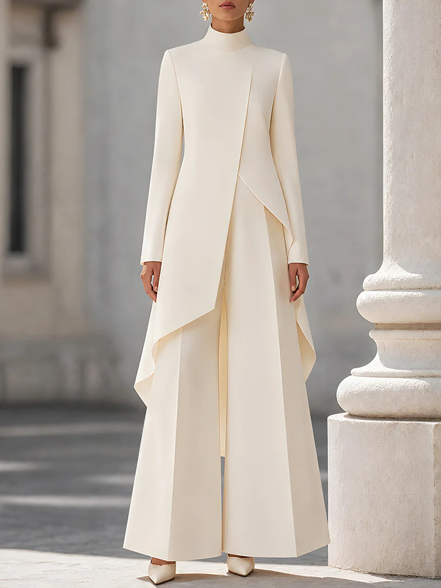 Women'S Formal Wear With Pants - 여성 투피스 의상 모크넥 긴소매 비대칭