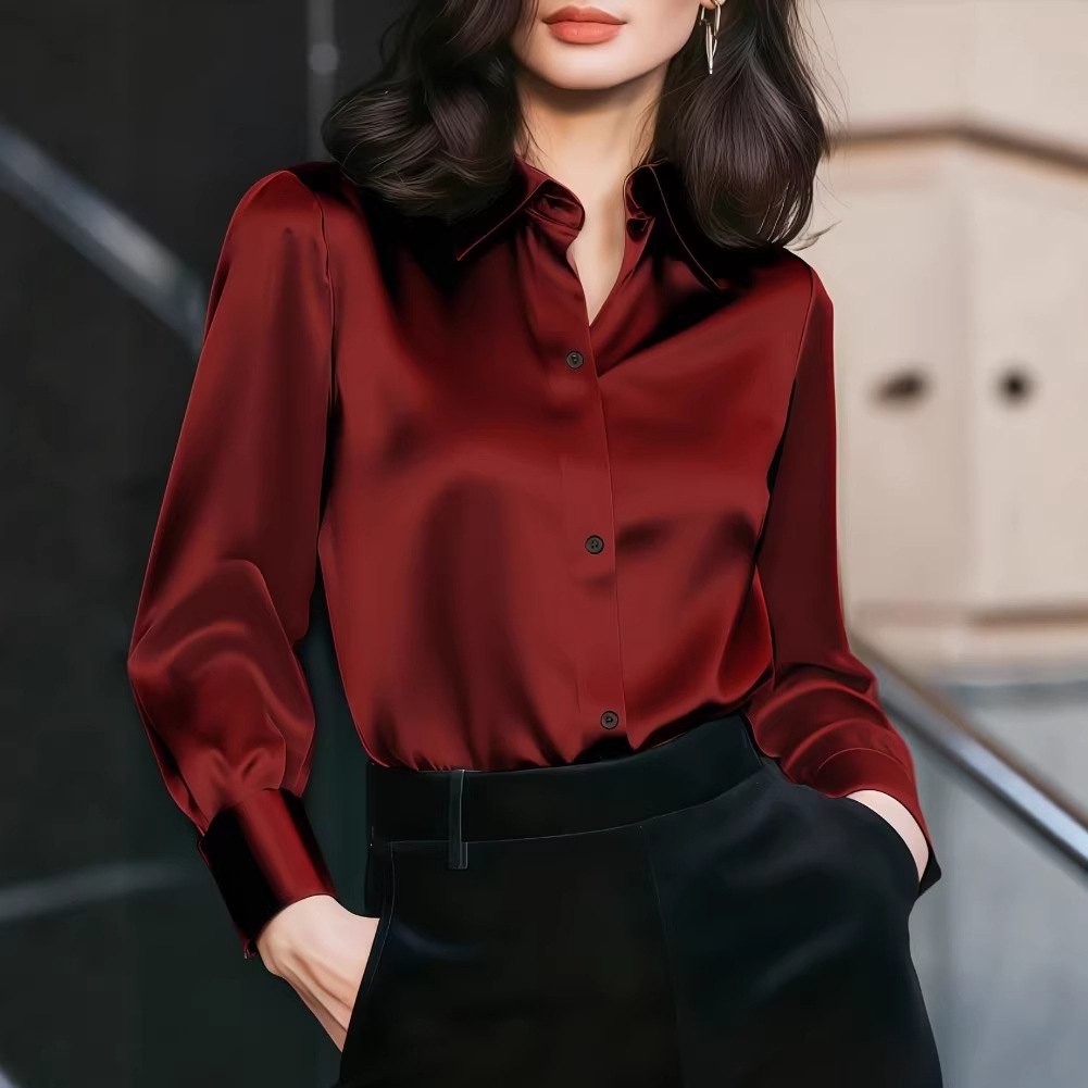 Women Formal Wear Shirts - 여성용 새틴 라펠 칼라 블라우스 버튼