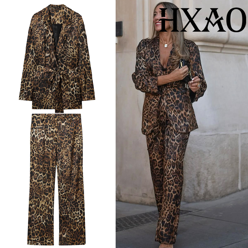 HXAO 레오파드 팬츠 세트 2피스 세트 빈티지 롱 블 - Women'S Formal Wear With Pants 리뷰 및 가격