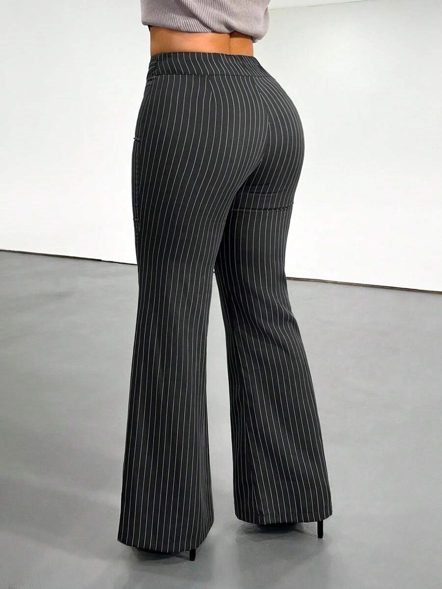 여성용 스트라이프 패턴 하이웨이스트 플레어 팬츠, 사무 - Women Formal Wear Trousers 리뷰 및 가격