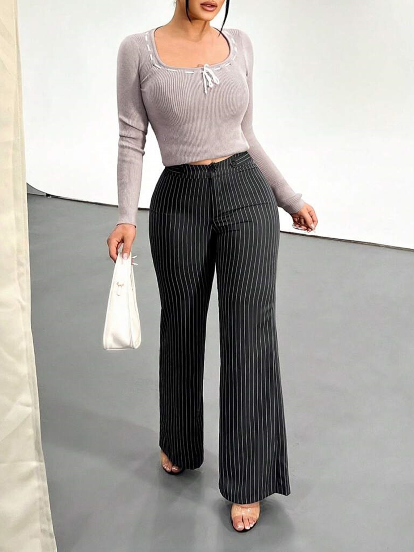 여성용 스트라이프 패턴 하이웨이스트 플레어 팬츠, 사무 - Women Formal Wear Trousers 리뷰 및 가격