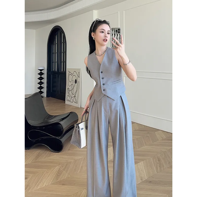 여성 민소매 조끼 와이드 팬츠 세트 - 포멀 오피스 워 - Women Formal Wear Trousers 리뷰 및 가격