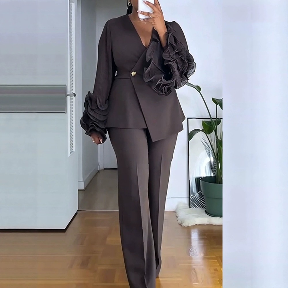 여성용 2피스 팬츠 슈트 딥-V 러플 긴소매 블레이저  - Women'S Formal Wear With Pants 리뷰 및 가격