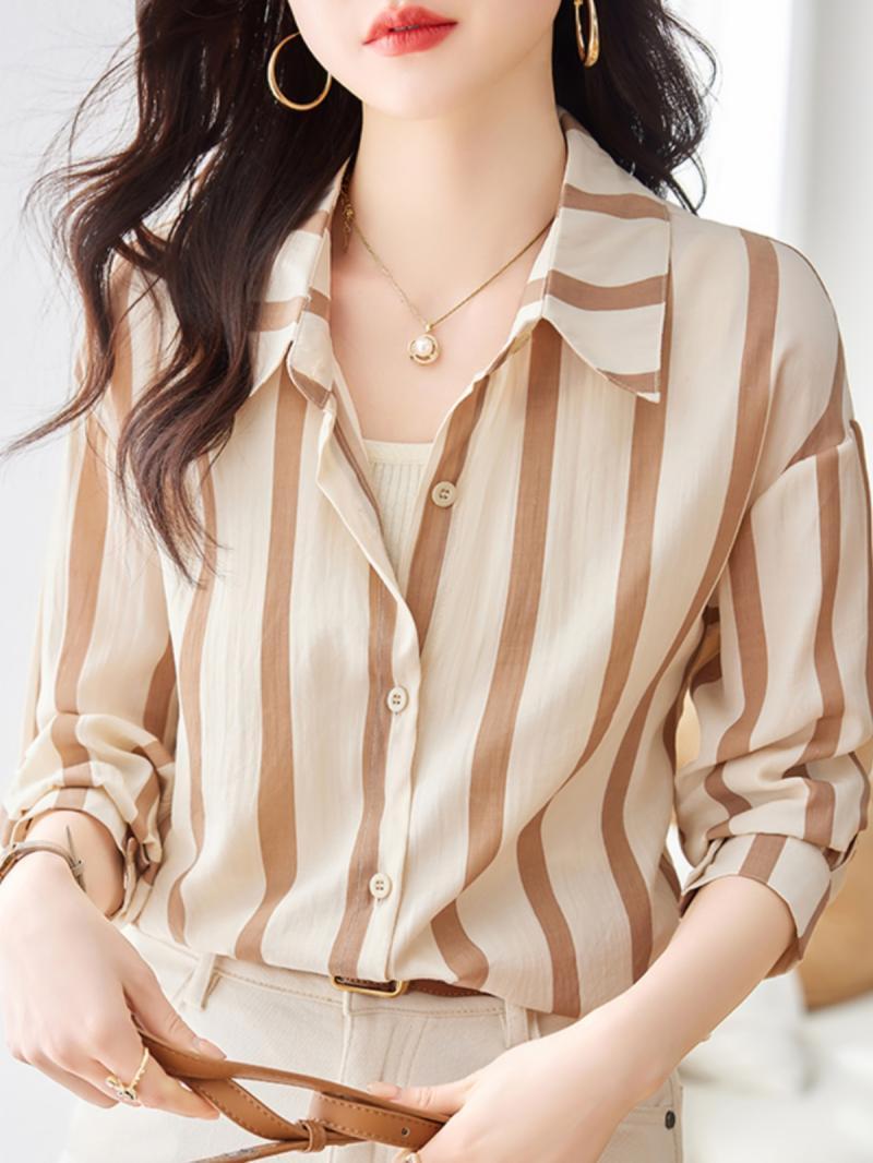 여성용 살구색 스트라이프 긴팔 셔츠, 고급 용수철 착용 - Women Formal Wear Shirts 리뷰 및 가격