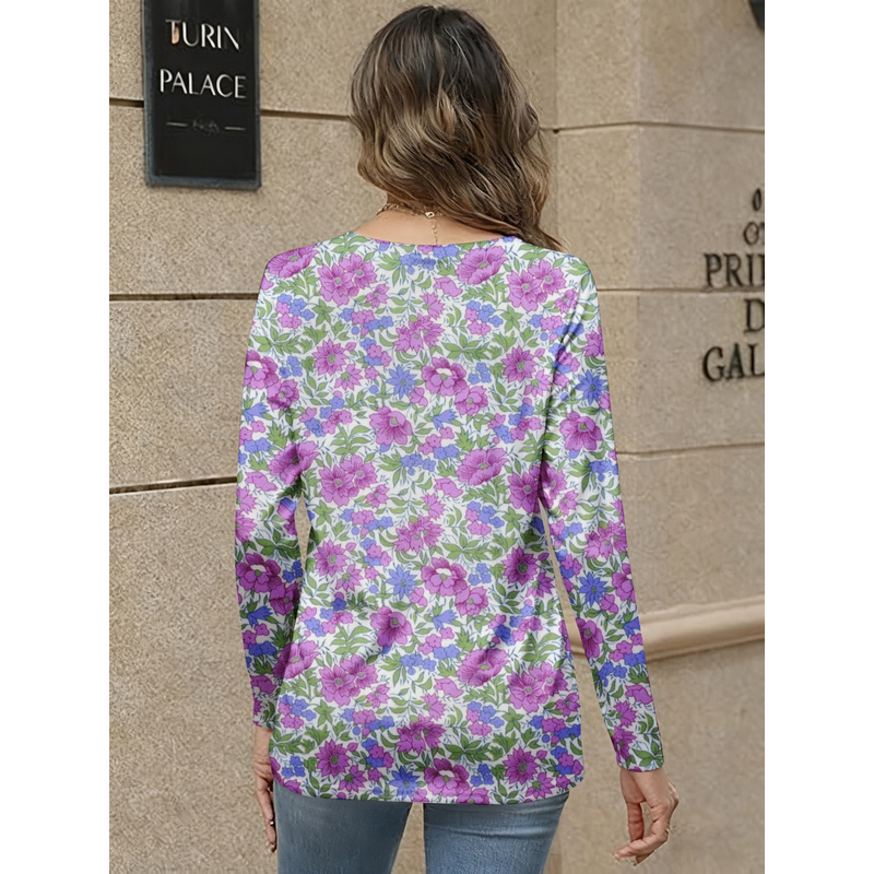 여성 우아한 V넥 긴팔 상의 올오버 프린트 퍼플 블루  - Women Formal Wear Shirts 리뷰 및 가격