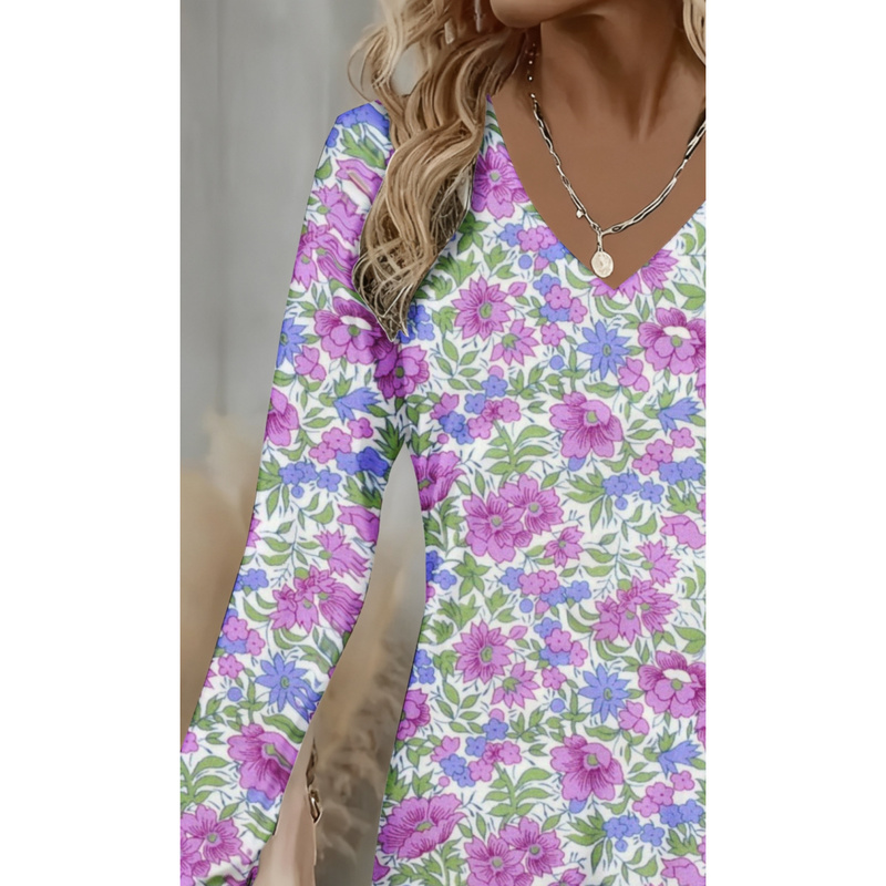 여성 우아한 V넥 긴팔 상의 올오버 프린트 퍼플 블루  - Women Formal Wear Shirts 리뷰 및 가격